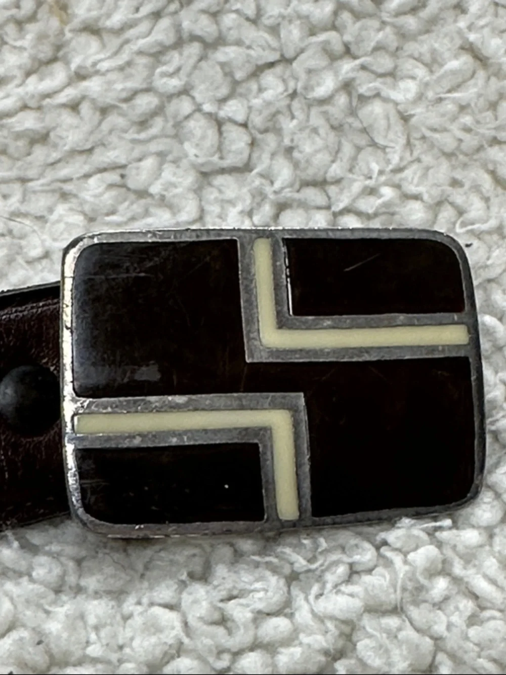 Slim Brown Belt with Geometric Inlay in Silver Tone Buckle
